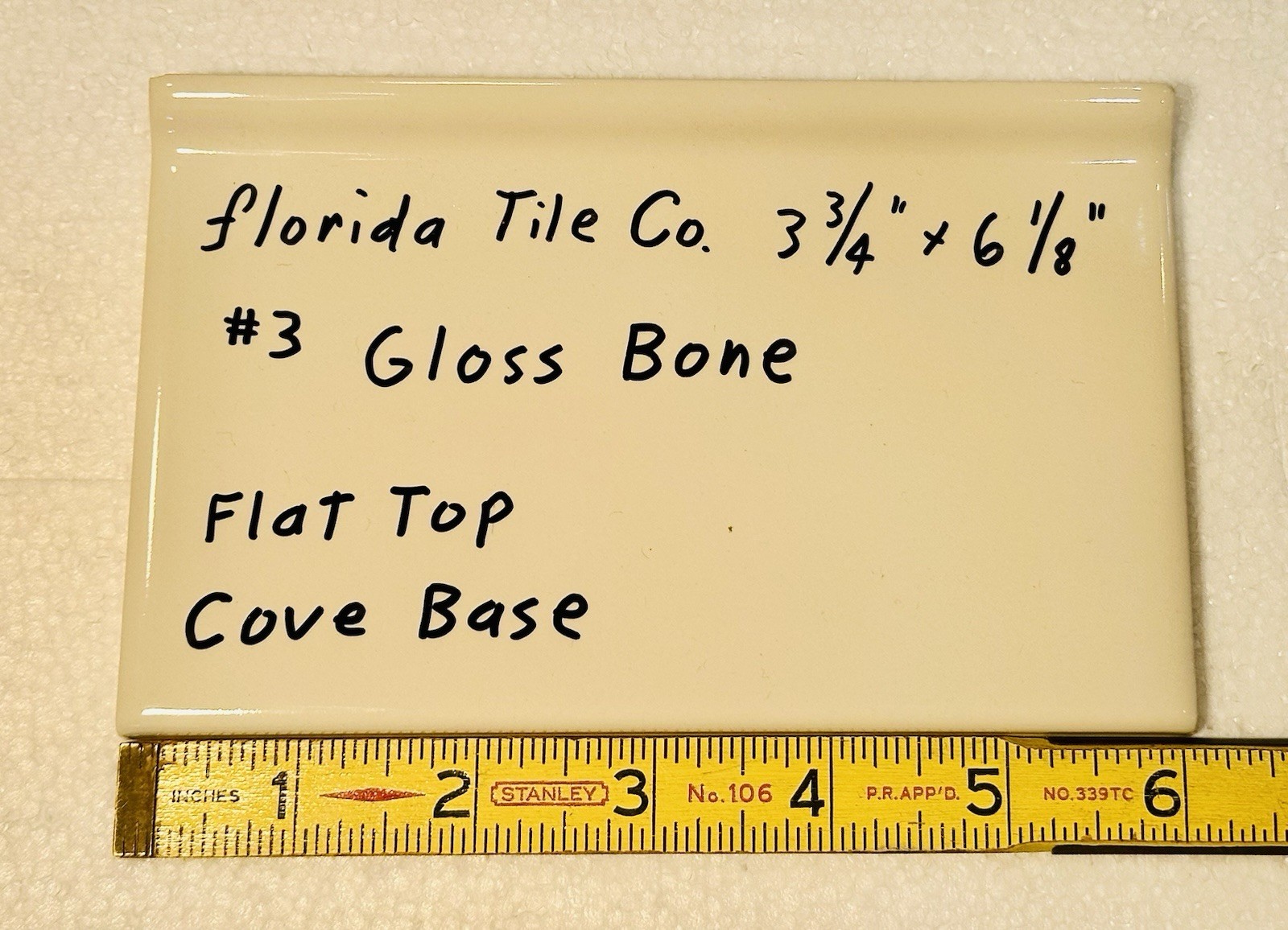1 pc. Gloss Bone: 3-3/4″ X 6-1/8″ Ceramic Cove Base Tile, florida Co. Flat Top