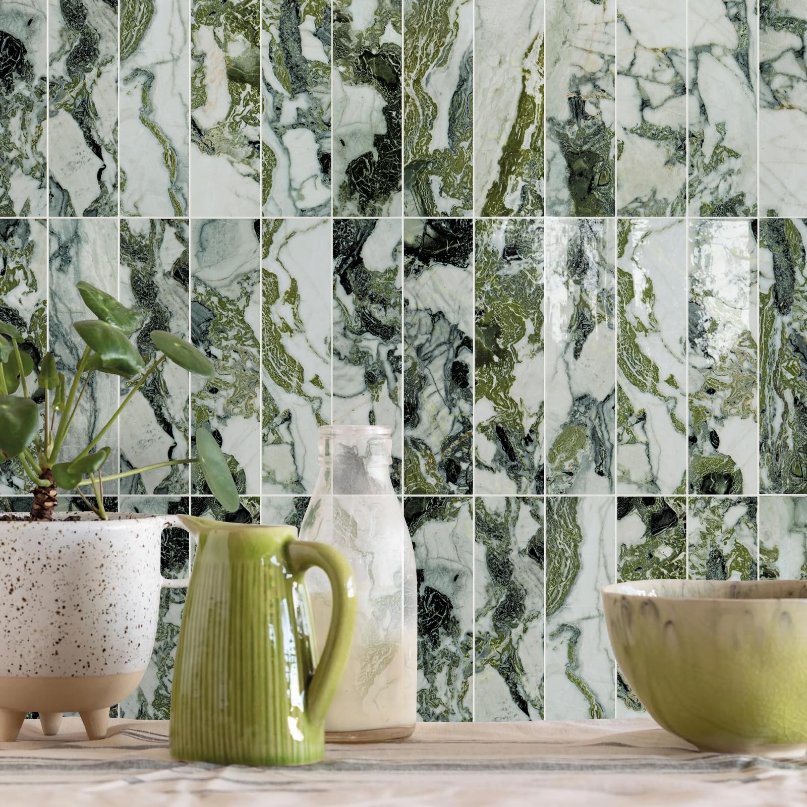 40-Piece Glossy Ice Green Marble Peel and Stick Backsplash Tiles with White G…