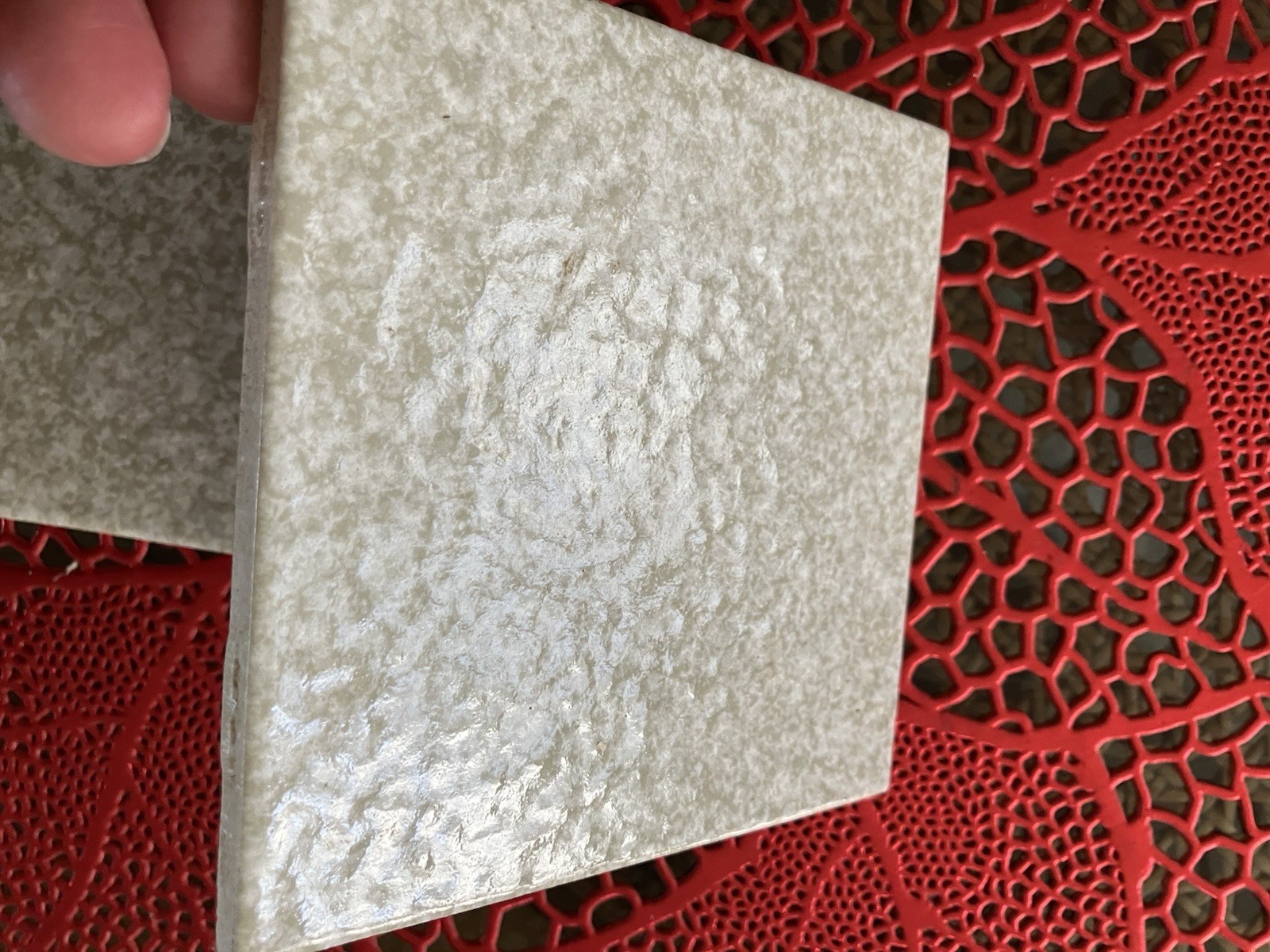 Lot 2 1970s Stylon Ceramic Tiles 4.25 x 4.25″ bumpy splatter dapple dimple USA