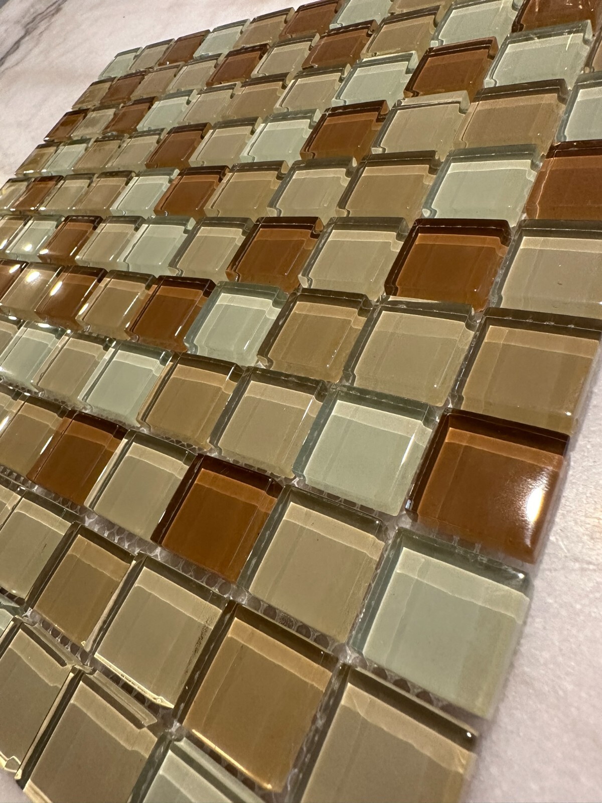 Light Beige Mix Glossy Glass Mosaic 1″x1″ Stacked Mesh Mounted
