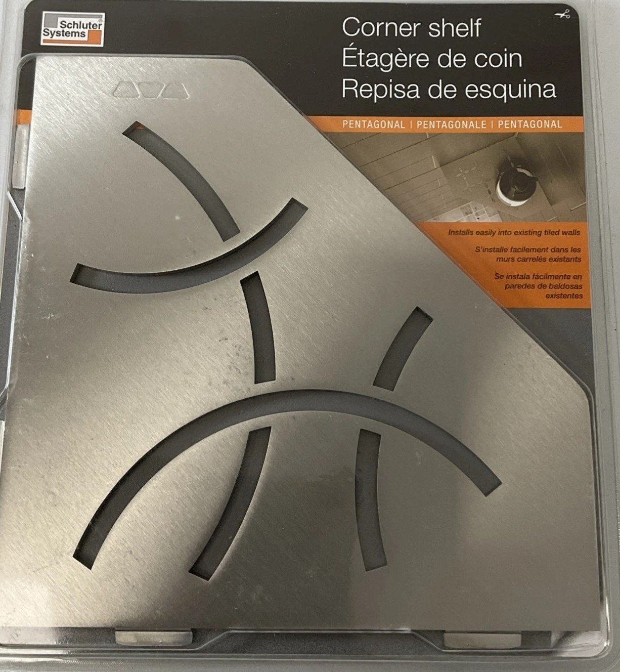 Schluter Pentagonal Corner Shelf for Tiled Walls – Curve Design, Stainless Steel