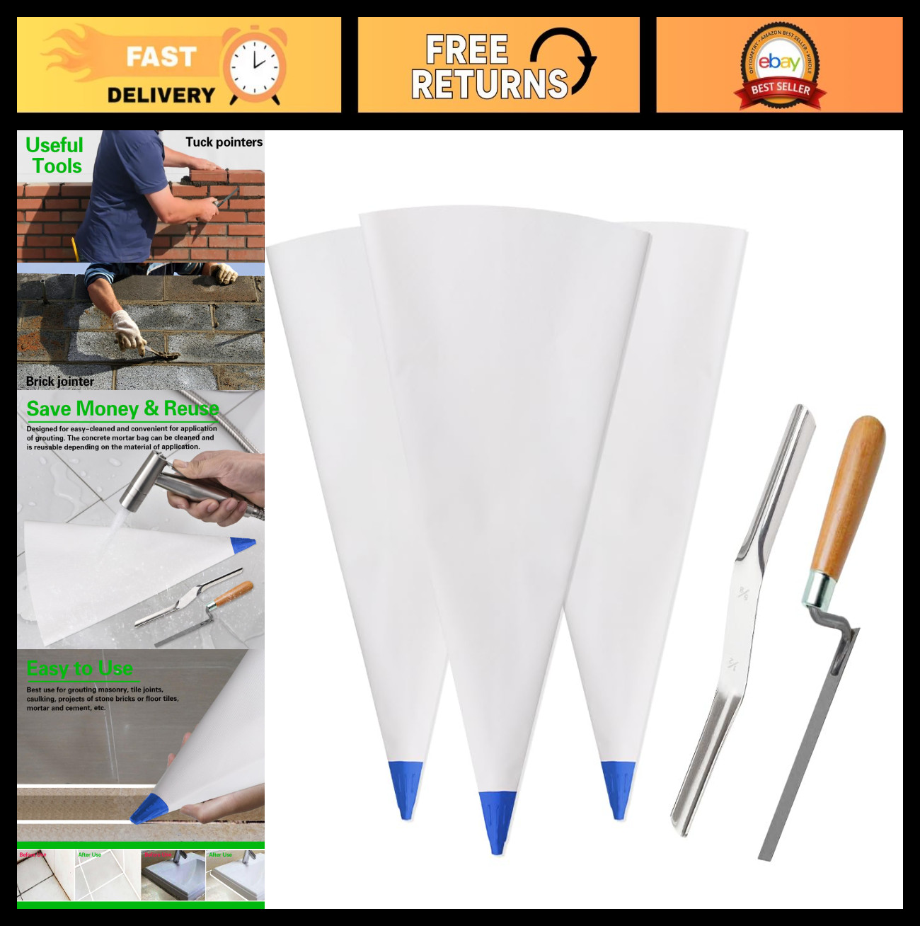 3 Pack Heavy Duty Grout & Mortar Bags 12″x24″ Tear Resistant Cement Sealer