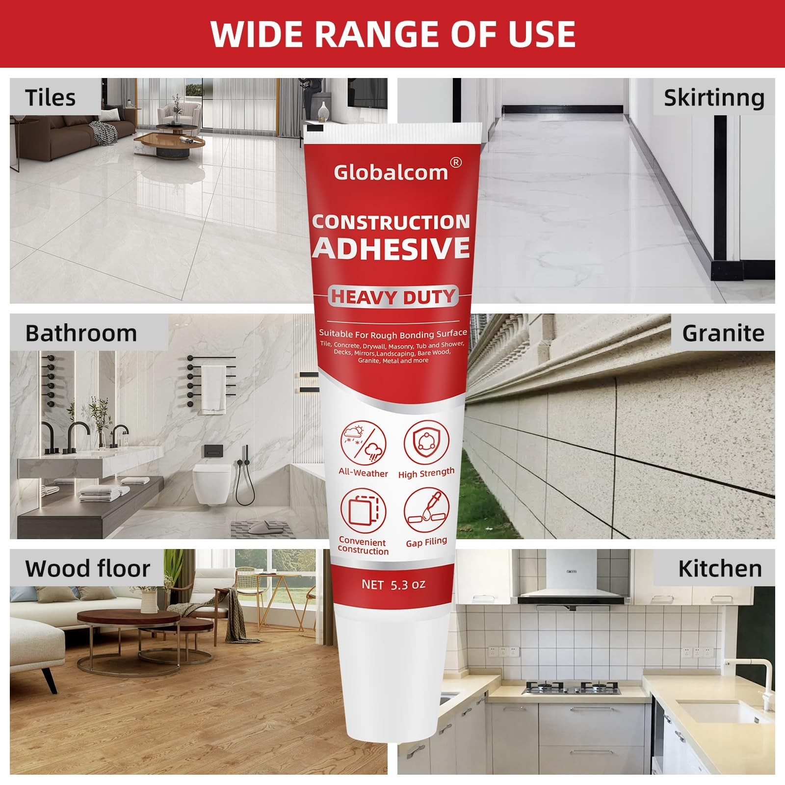 Globalcom Heavy Duty Construction Adhesive, Tile and Stone Marble Granite Woo…