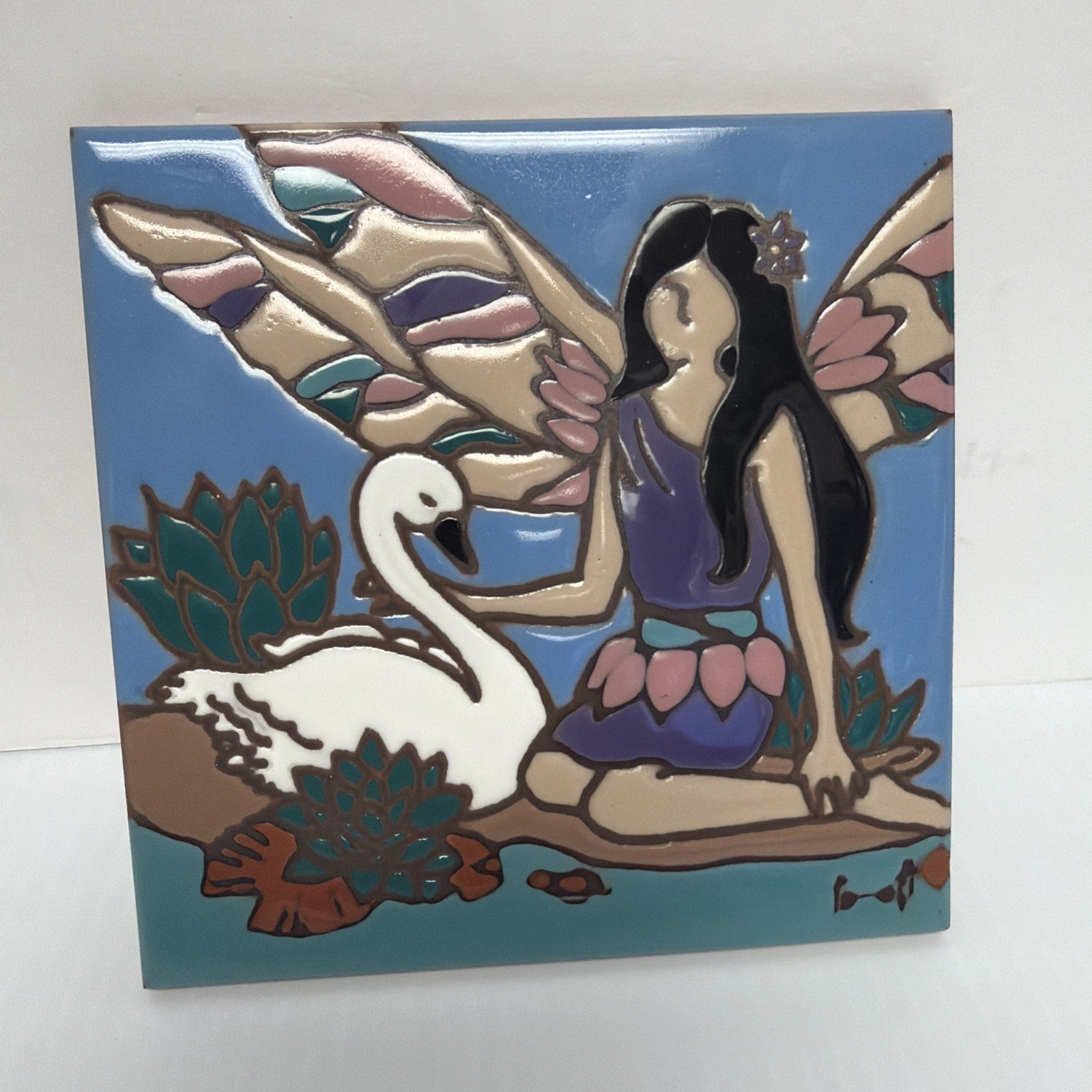 Ceramic Art Tile 6″x6″ Fairy Pixie Women Butterfly / Goose Hand Painted