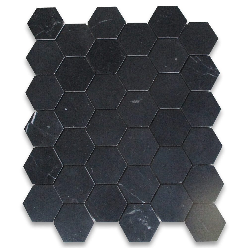 N32XH Nero Marquina Black Marble 2 inch Hexagon Mosaic Flooring Tile Honed
