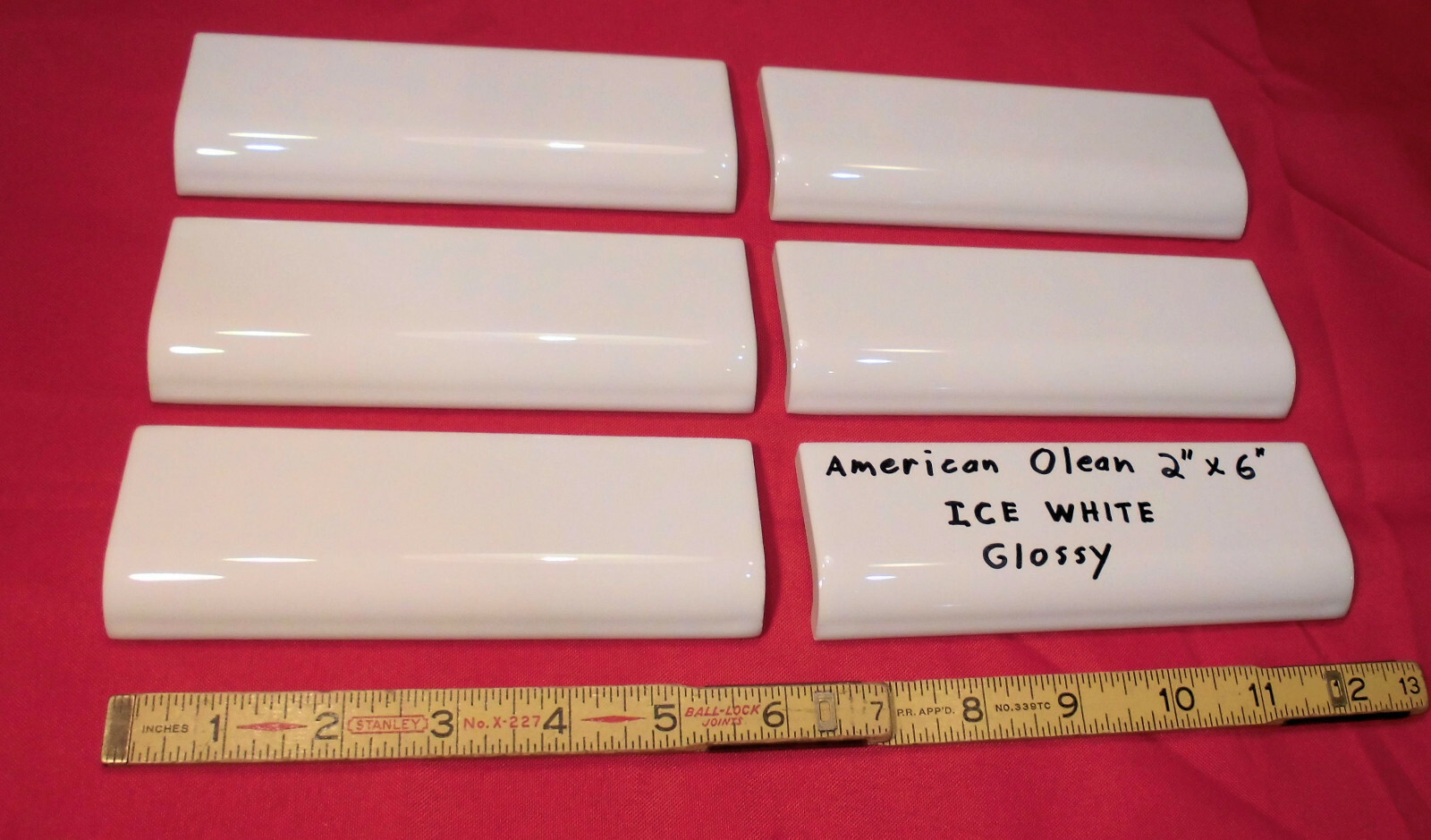 6 pcs. Gloss Ice White: 2″ X 6″ Ceramic Mud-Cap Bullnose Tiles, American Olean
