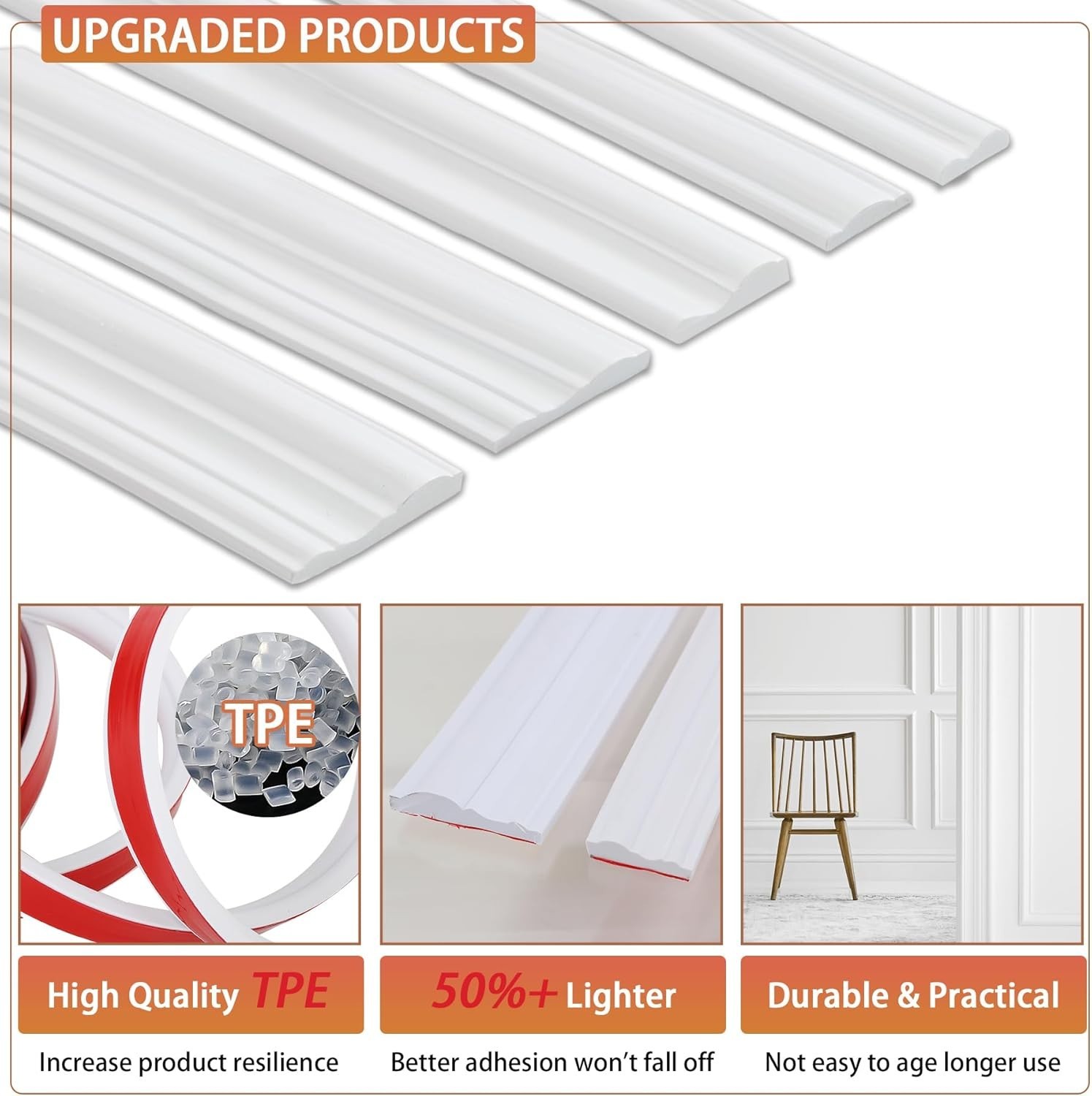 Peel and Stick Chair Rail Panel Molding, 240”L x 2.36”W Strong Self Adhesiv…