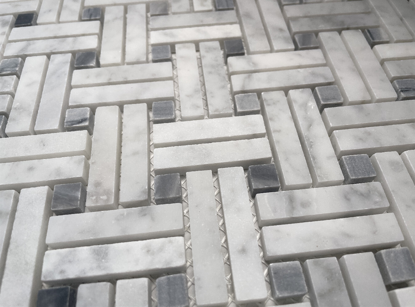 C697XH Carrara White Diagonal Basket Weave Gray dots Marble Mosaic Tile Honed