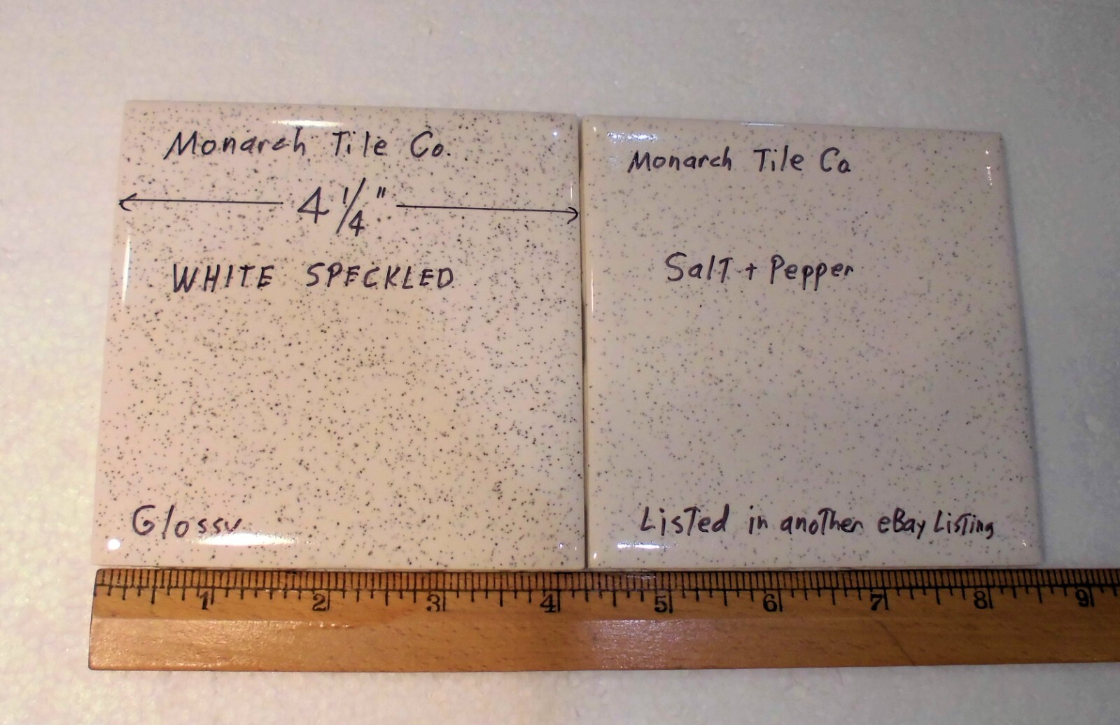 1 pc. White Speckled: 4-1/4″ Glossy Ceramic Tile by Monarch Co., salt & pepper