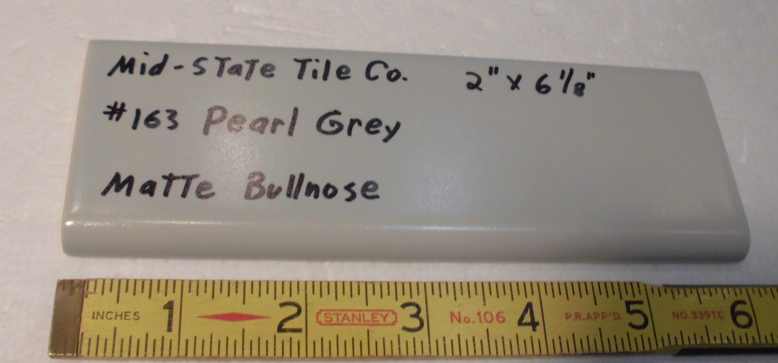 1 pc. Vintage Matte *Pearl Gray* 2” X 6-1/8” Surface Bullnose Ceramic Tile, NEW