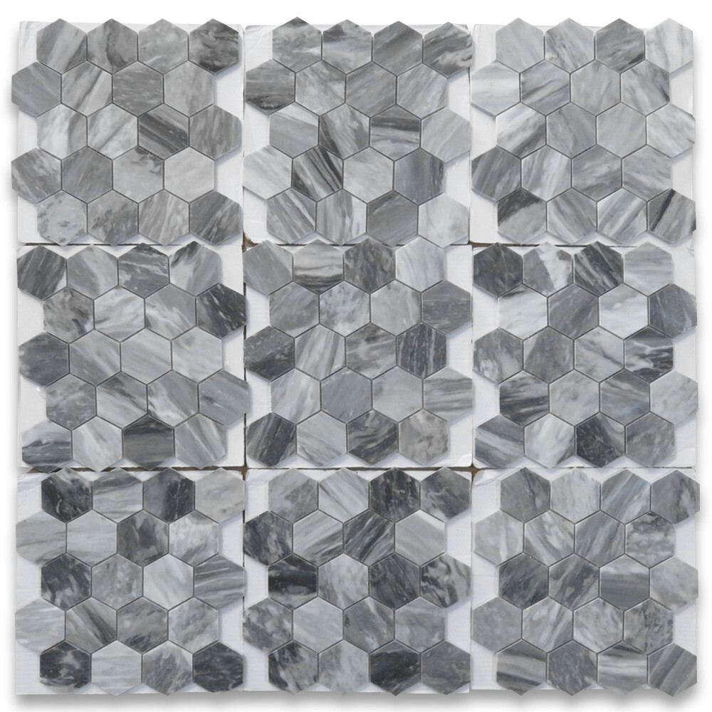 K33XP Bardiglio Gray Dark Grey Marble 3 inch Hexagon Mosaic Tile Polished