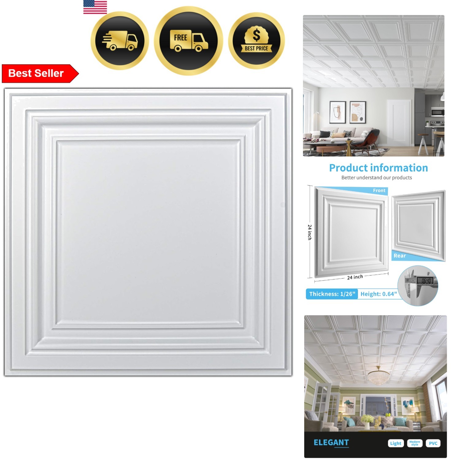 PVC Ceiling Tiles 2×2 White 12 Pack Waterproof Easy Install Modern Ceiling