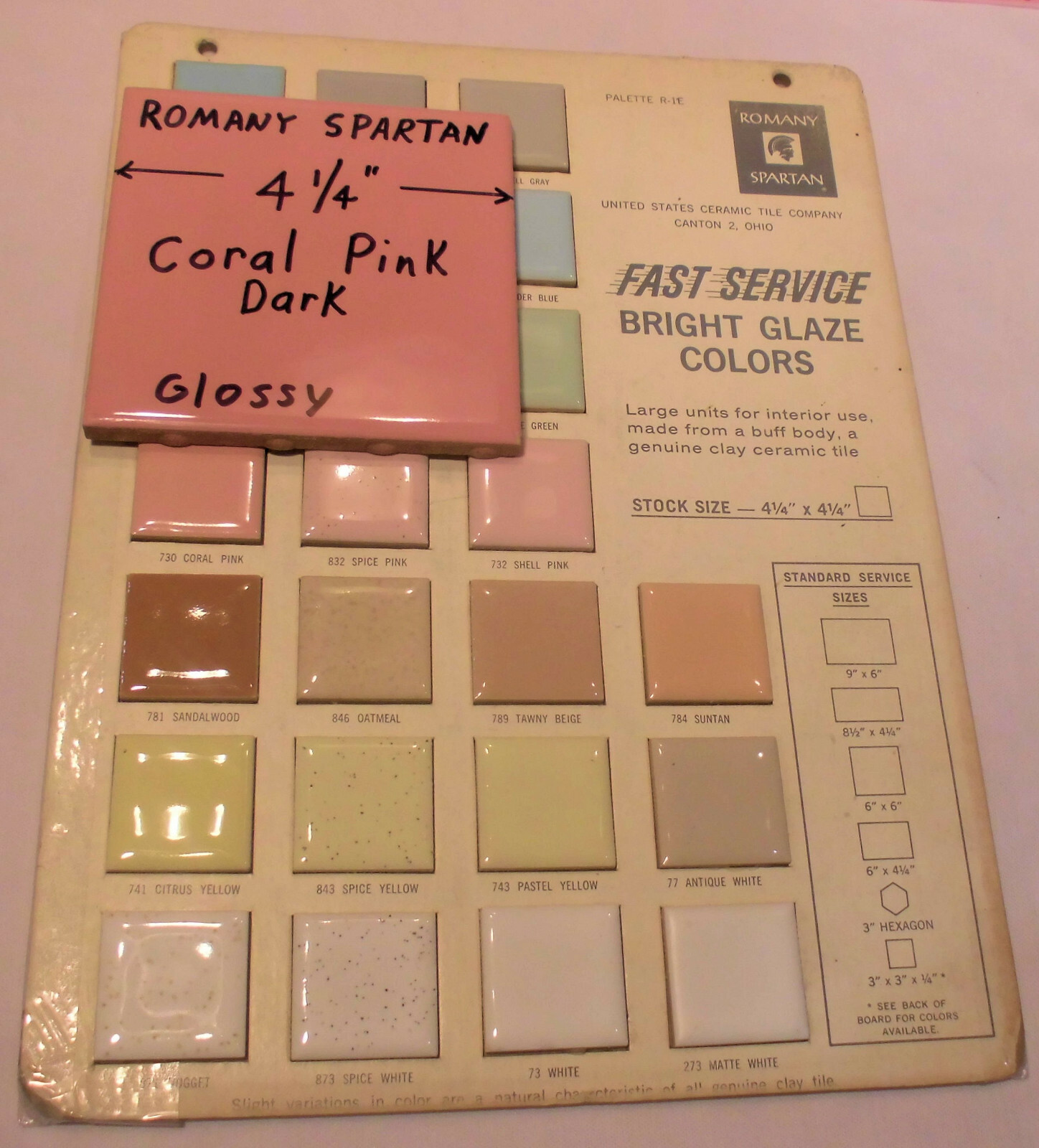 1pc. *Dark Coral Pink* 4-1/4″ Glossy Ceramic Tile; Romany Co. made 1940’s