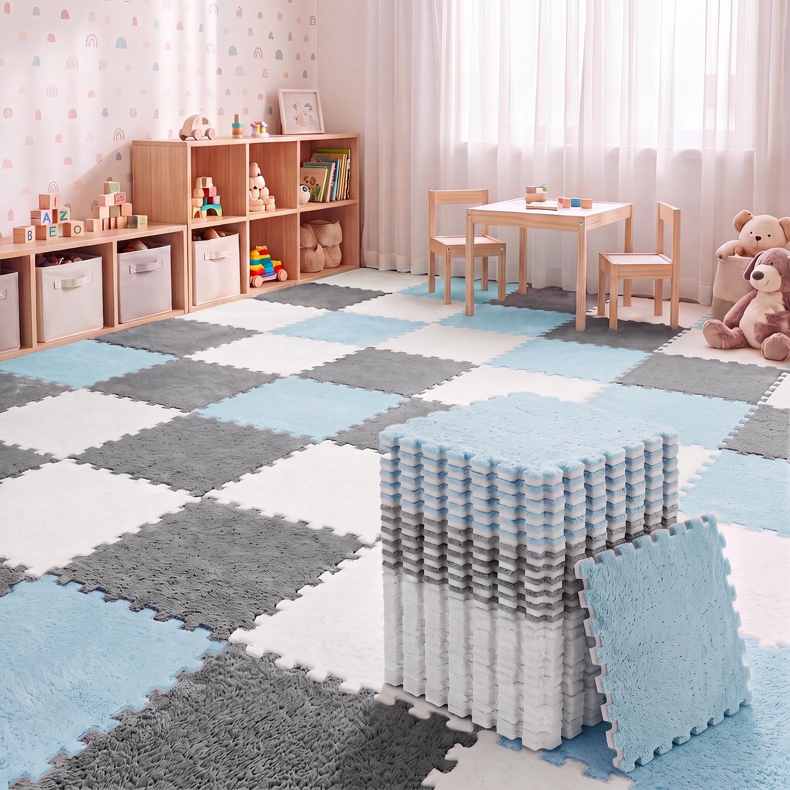 Amylove White Gray Light Blue Foam Floor Tiles 36pk
