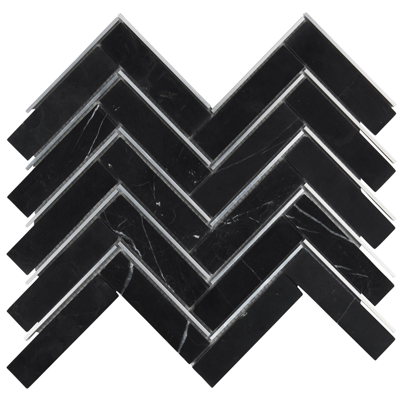 Marquina Black Marble Stone Silver Metal Inlay Herringbone Kitchen Backsplash