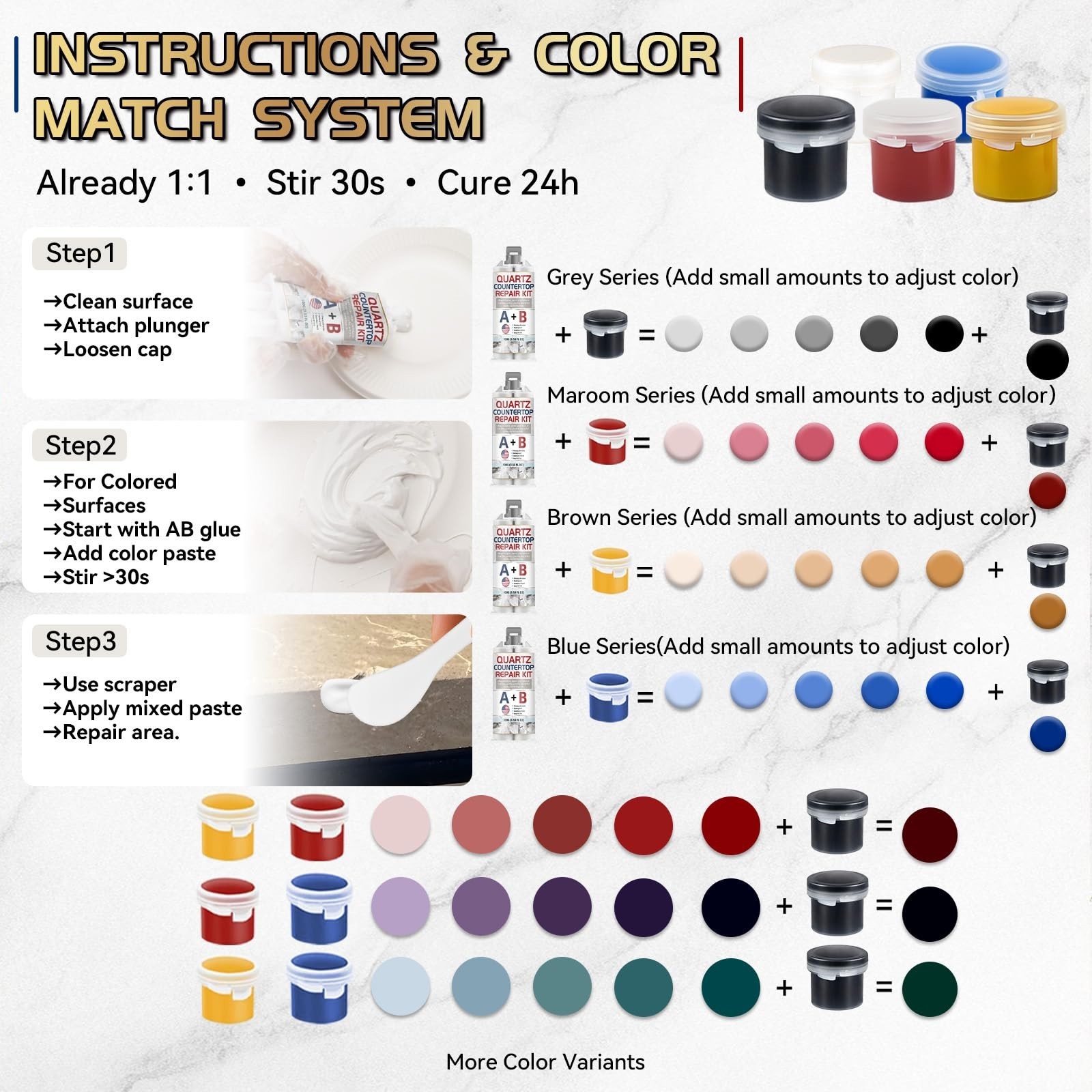 Quartz & Granite Countertop Repair Kit – Strong Bond, Seamless Fix for Marble, T