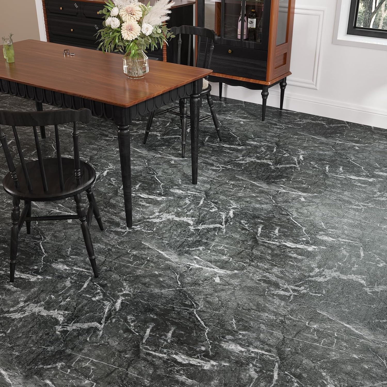 12″x12″ Peel and Stick Floor Tile Waterproof Black Grey Slate Marble Flooring…