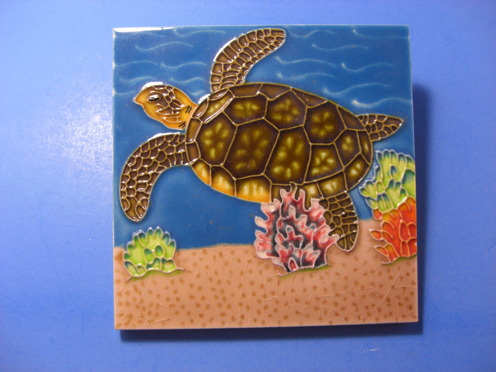 Sea Turtle Swimming in Coral-Seaweed Coastal 4X4 Ceramic Tile Scene