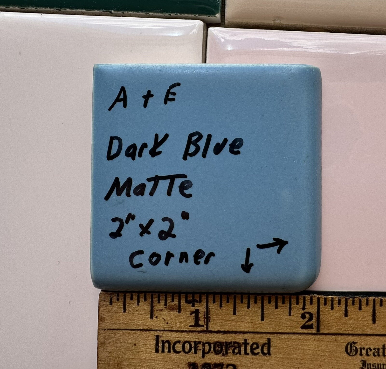 Dark Blue: 2″ X 2″ X 5/16″ Ceramic Surface Bullnose Corner Tile, made 1950’s