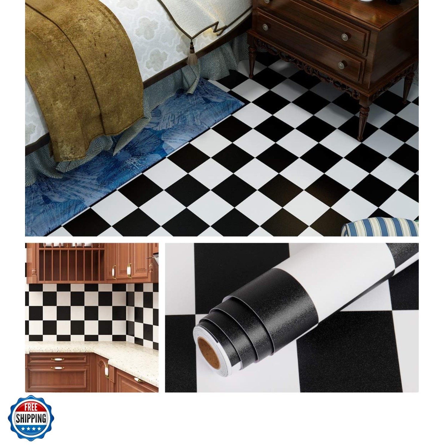 Checkered Black and White Vinyl Flooring Roll 15.8×78.8 in Floor Contact Pape…
