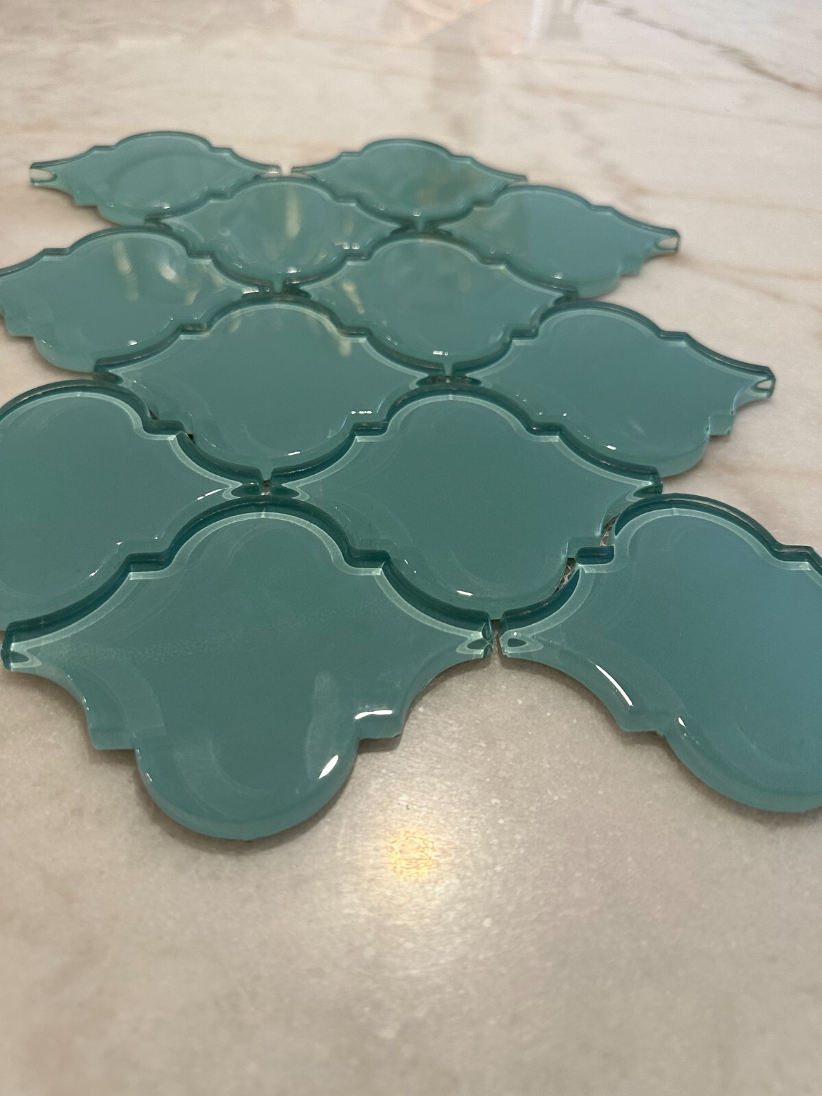 Aqua Blue Arabesque Glossy Glass Mosaic 9″x13″ Offset