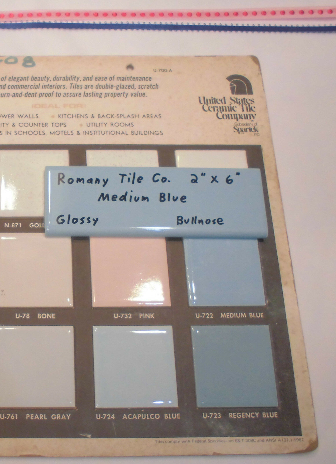 1 pc. *Medium Blue* 2” X 6” Glossy Surface Bullnose Ceramic Tile: New Old Stock