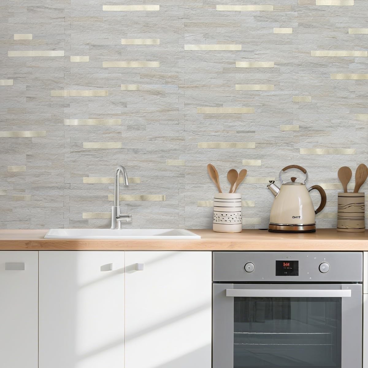 20 Sheets Faux Stone Peel and Stick Backsplash, Beige Marble Look PVC Wall Ti…