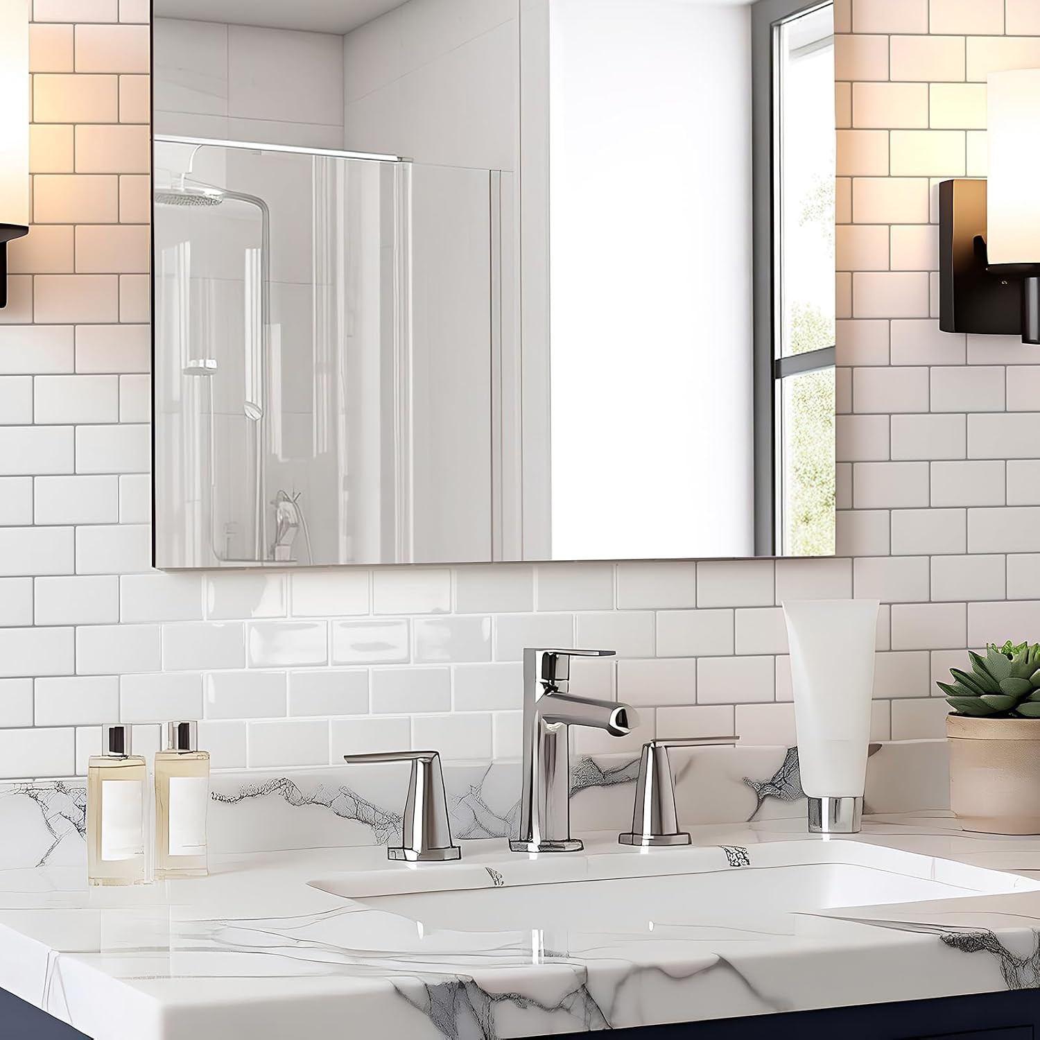 Peel and Stick White with Silver Grout Wall Tiles – 10-Pack of 12 X12 Thickened