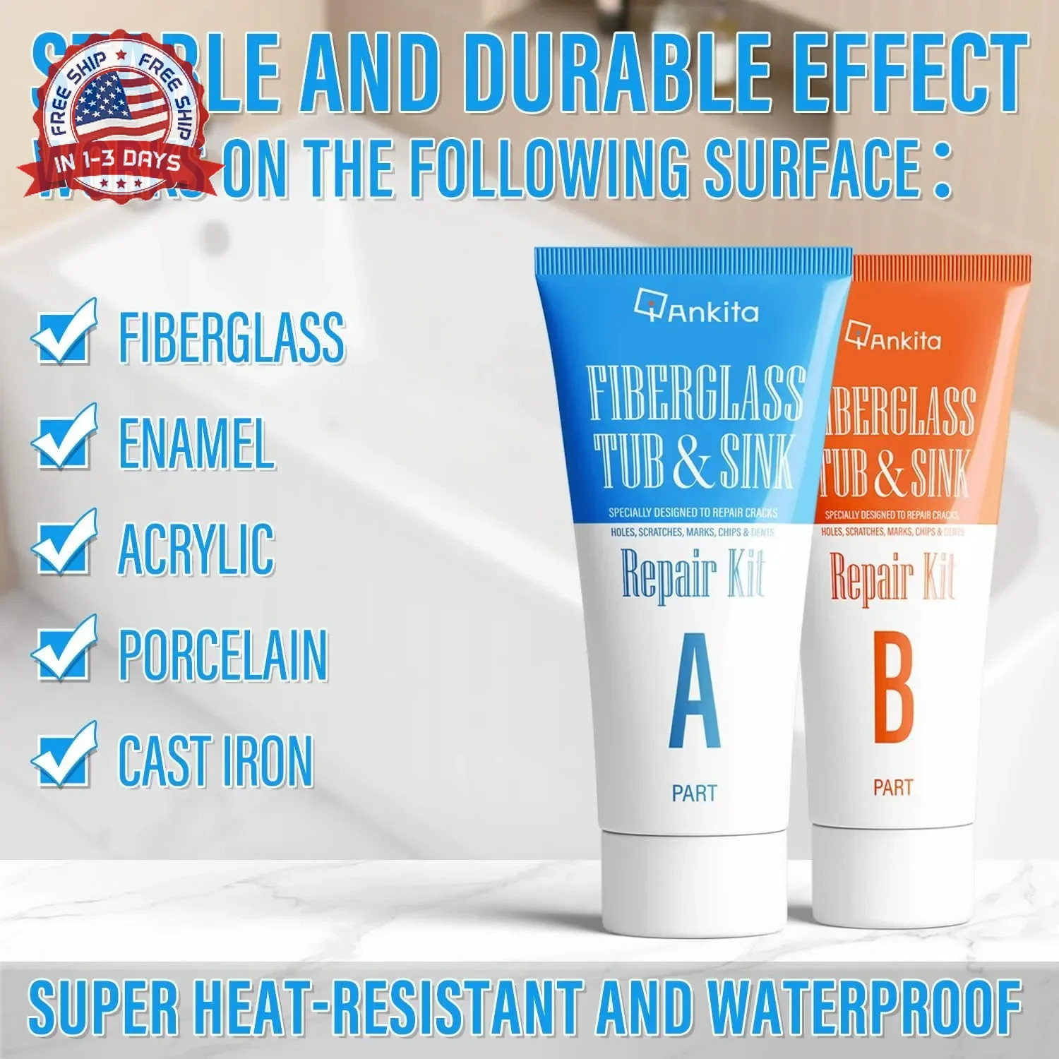 Tub Repair Kit White, Tub Chip and Bathtub Repair Kit for Enamel, Fiberglass, Ac
