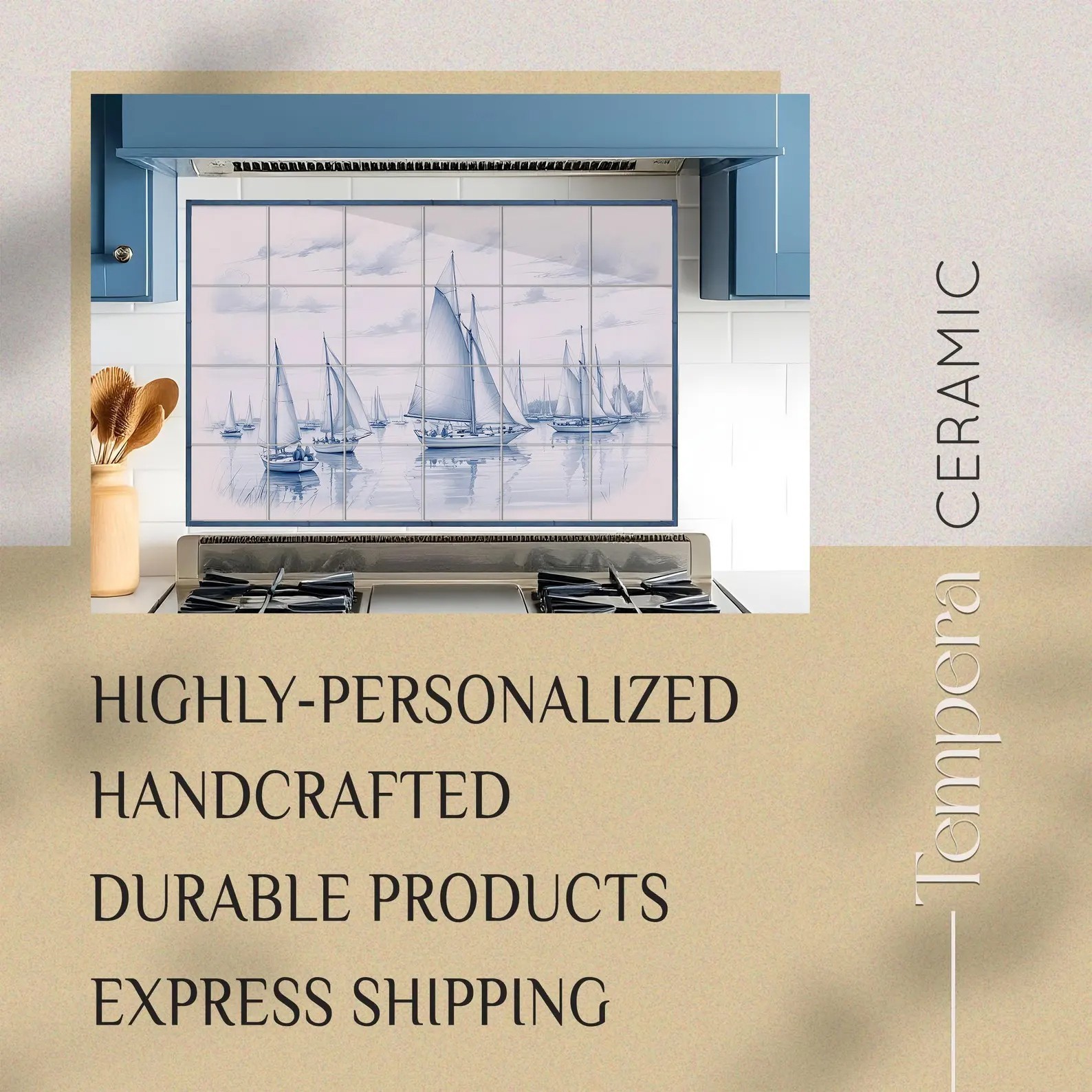 Sailboats scene tiles in delft style, nautical shower or kitchen back tiles