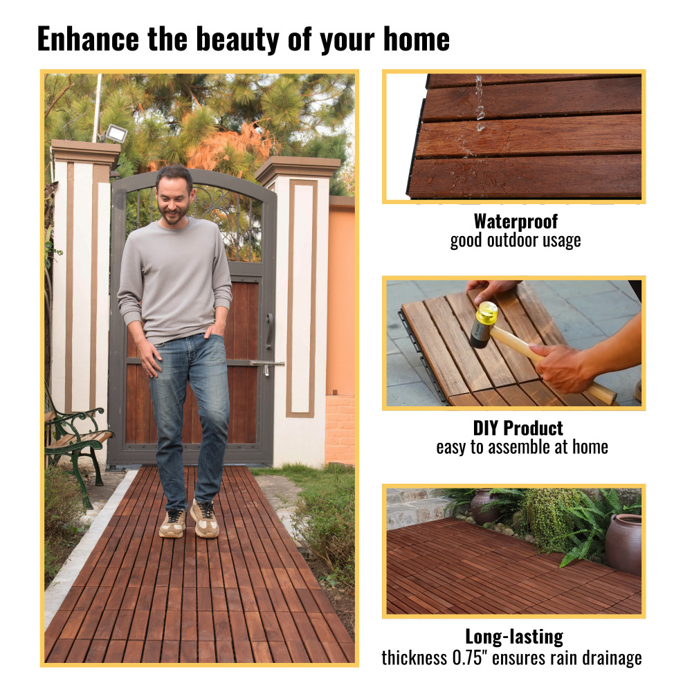 30 PCS Interlocking Deck Tiles, 12″ Acacia Wood Striped Outdoor Flooring