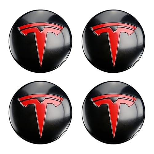 4 PCS Wheel Center Hub Cap Sticker for Model 3 / Model Y, Glossy Black & Red