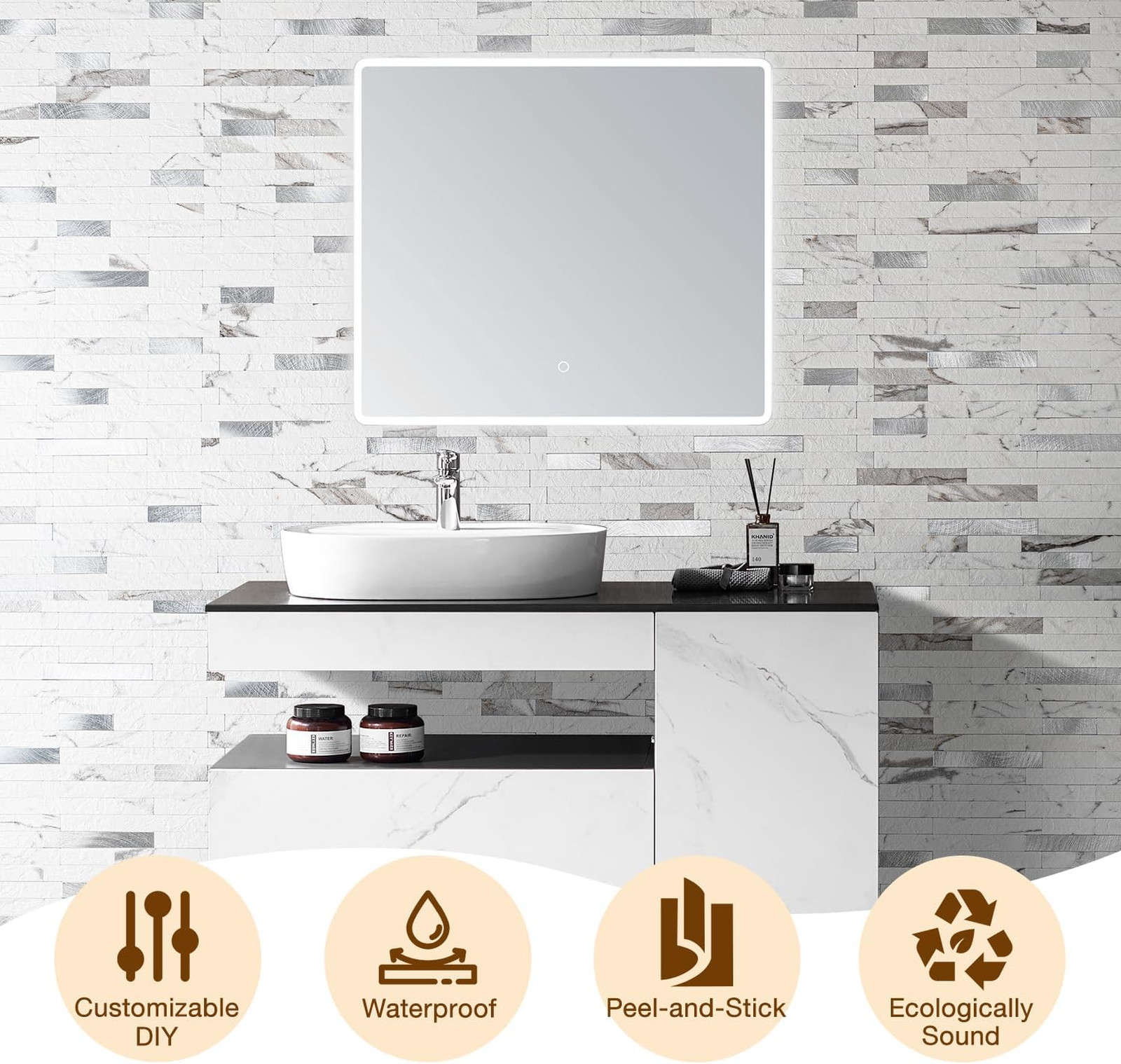 Peel and Stick Backsplash Tile Waterproof PVC Wall Sticker 3D Faux Stone Marble