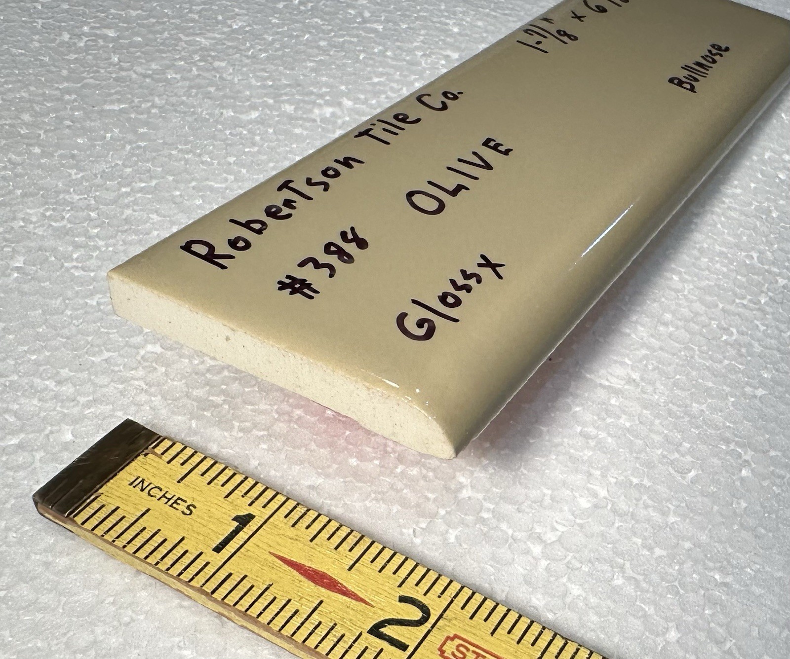 1 pc. Olive – Green: 2” X 6” Glossy Bullnose Ceramic Tile by Robertson, NOS