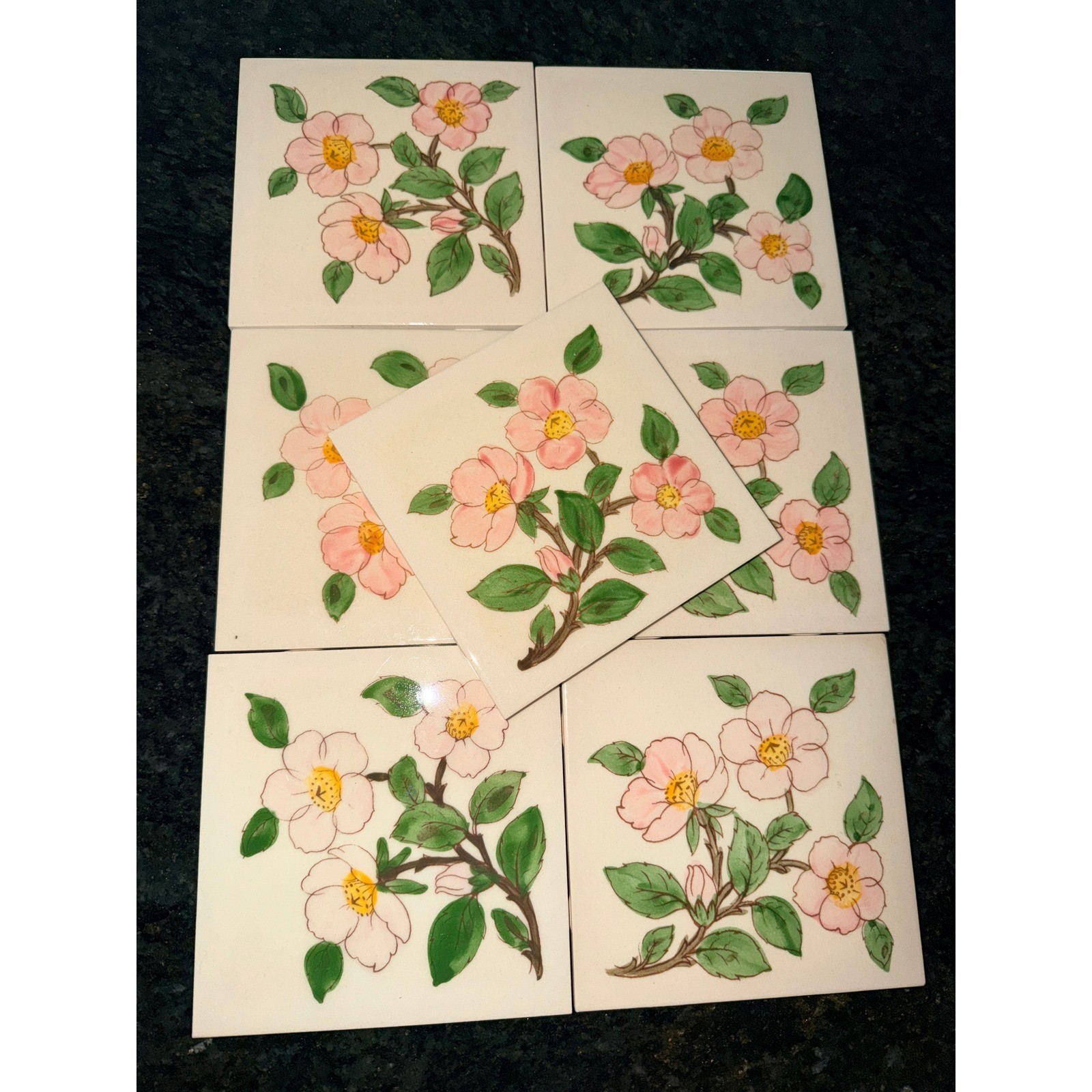 Vintage Franciscan Desert Rose Ceramic Tiles Set of 7 Hand Painted Floral USA