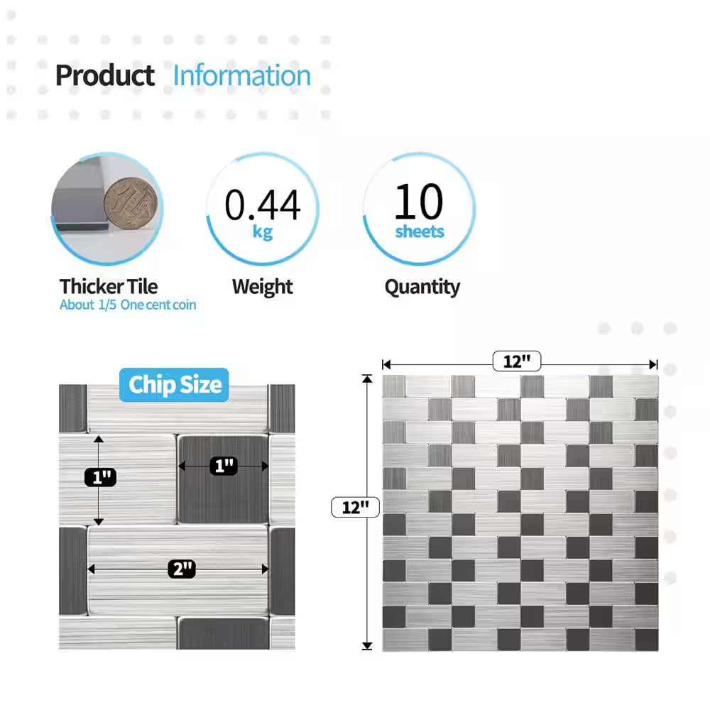 Art3d Peel Stick Metal Backsplash Tile 11.8×11.8 in Aluminum Silver 9.6 sq ft