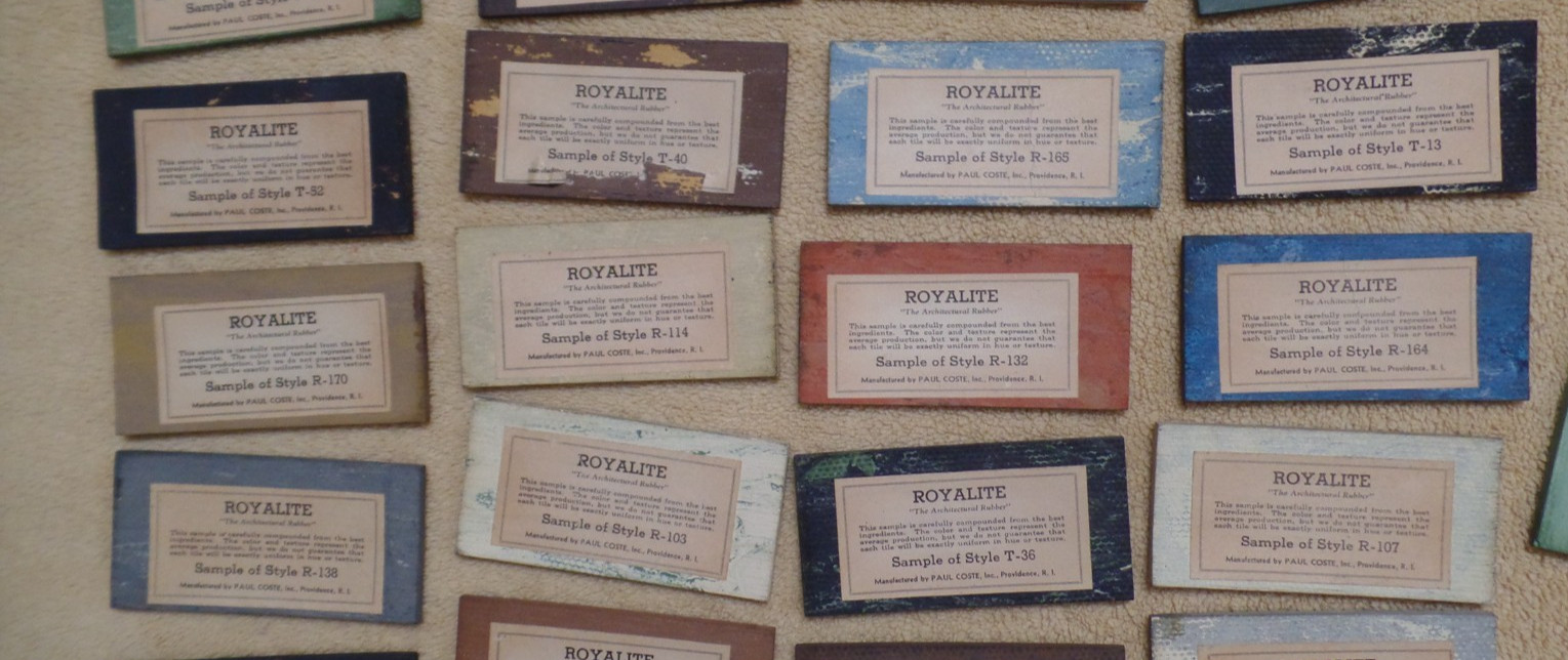 Vintage floor tile samples, Royalite, Paul Coste, Inc. Providence RI, with box