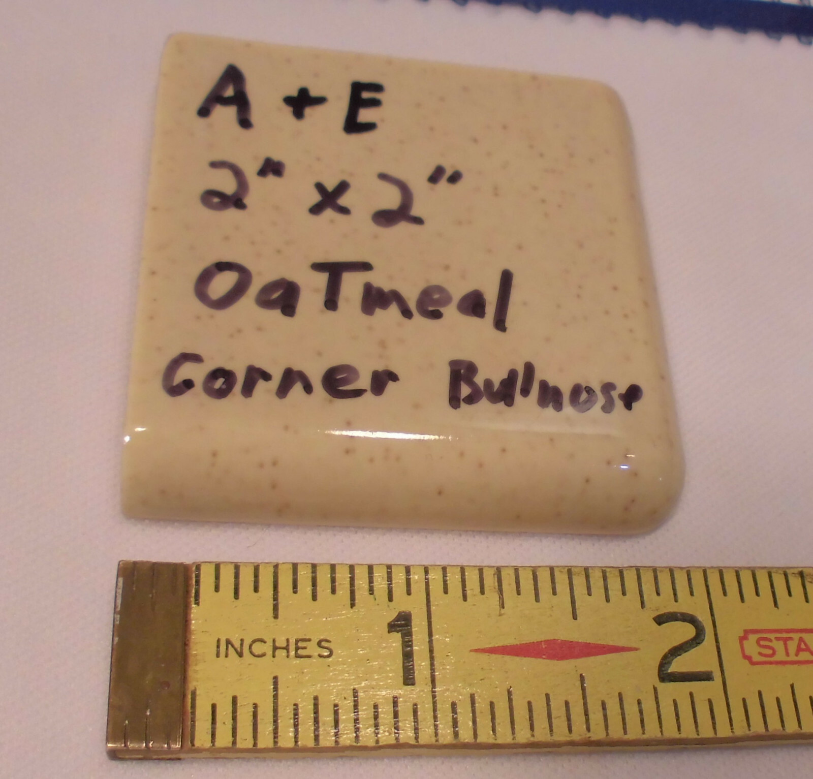 Oatmeal 2″ X 2″ X 5/16″ Ceramic Surface Bullnose Corner Tile; made 1940’s
