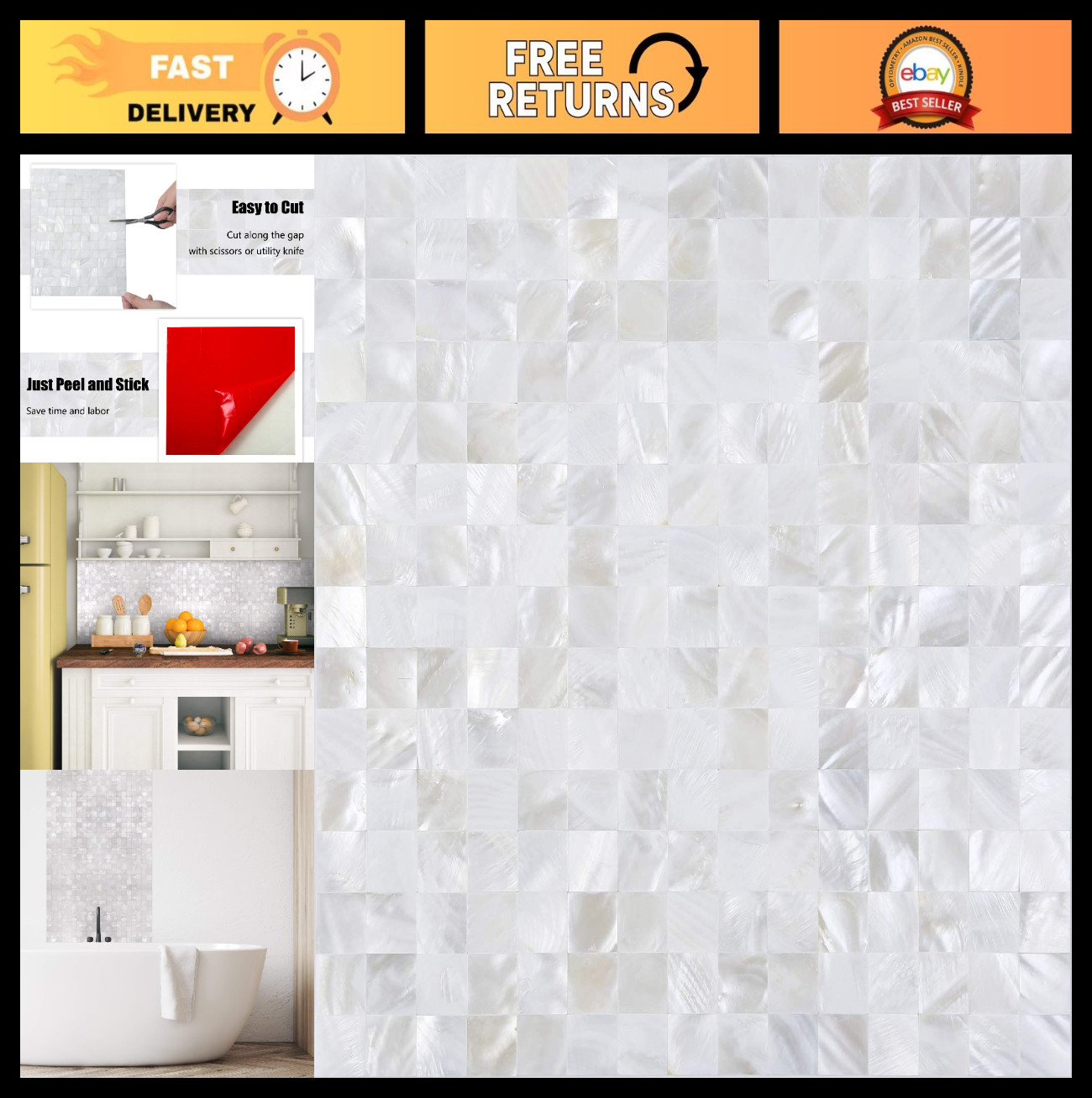 Peel and Stick Mother of Pearl Mosaic Shell Tiles – Self-Adhesive Wall Decor, 1