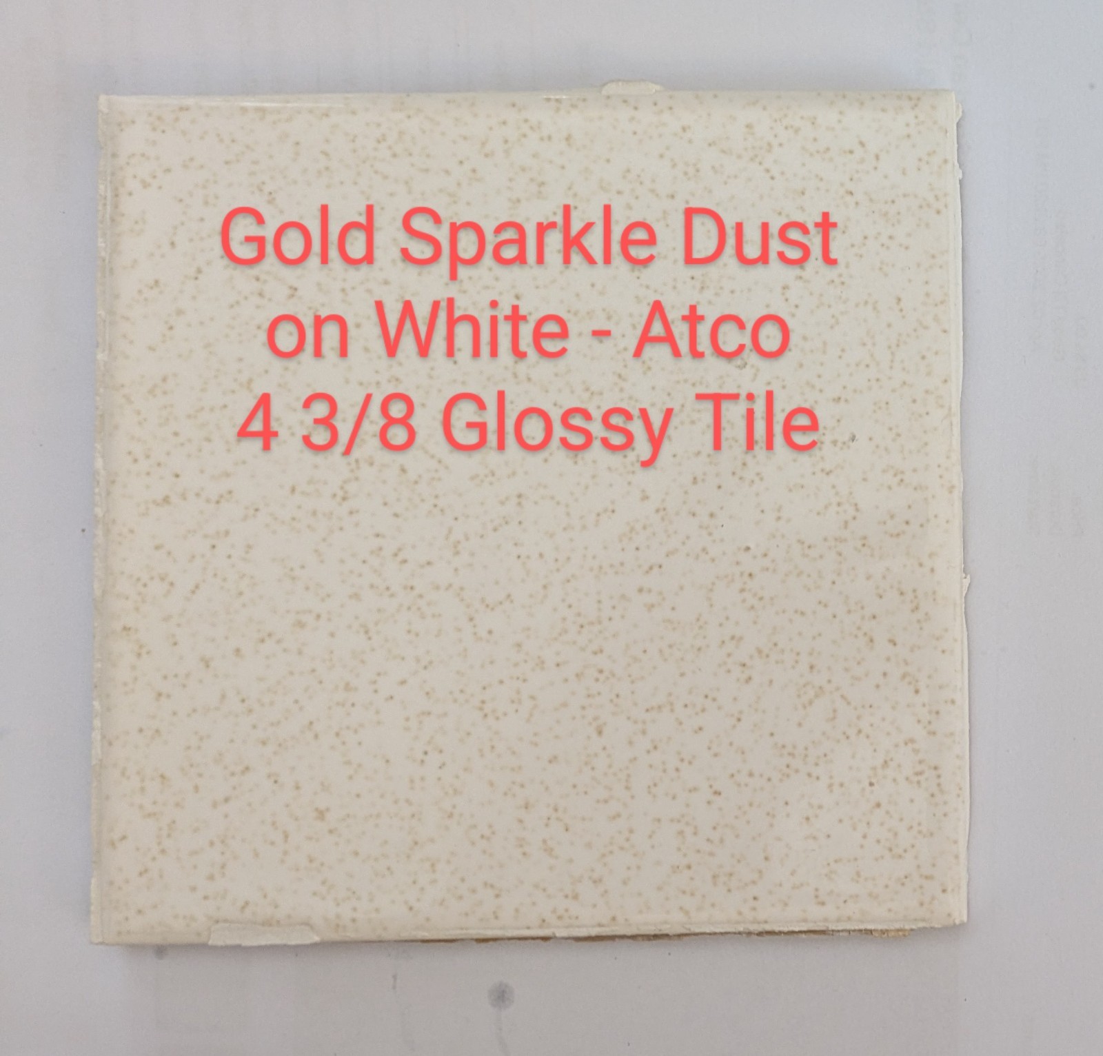 1 piece Gold Sparkle Dust on White 4-3/8″ Glossy Speckled Ceramic Atco Tile Used
