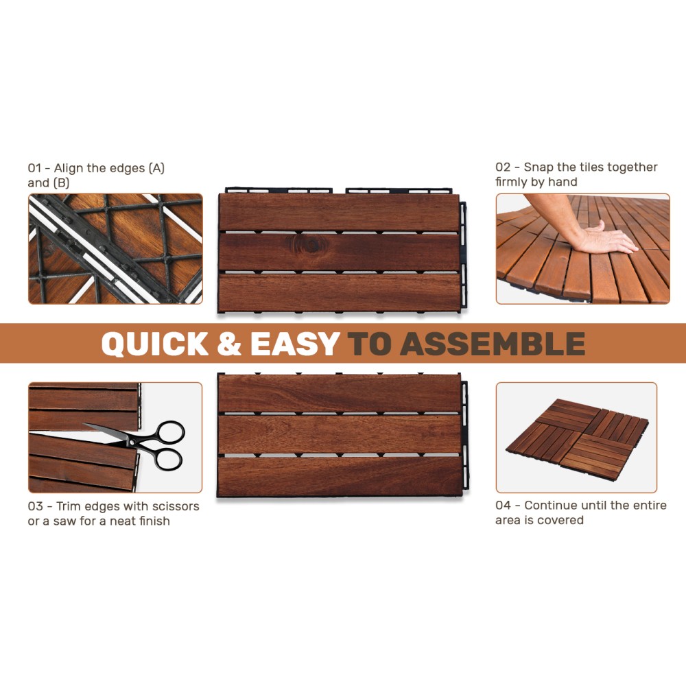10 PCS Interlocking Deck Tiles Striped Pattern, 12″ x 12″ Square Acacia Hardwood