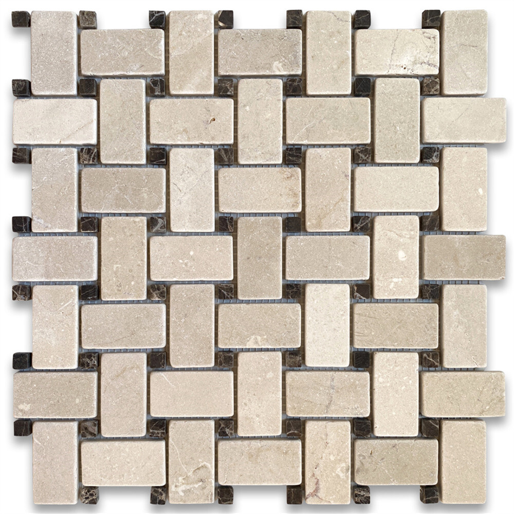 M654XT Tumbled Crema Marfil Marble Basketweave Slip Resistant Shower Tile