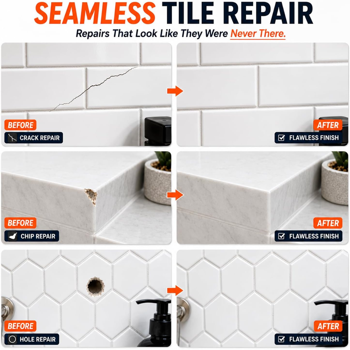Tile Repair (Color Match), Ceramic & Porcelain Epoxy Putty for Floor | for Chip