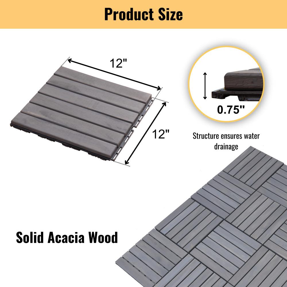 30 PCS Striped Deck Tiles – Interlocking – Acacia Hardwood Patio & Pool Flooring