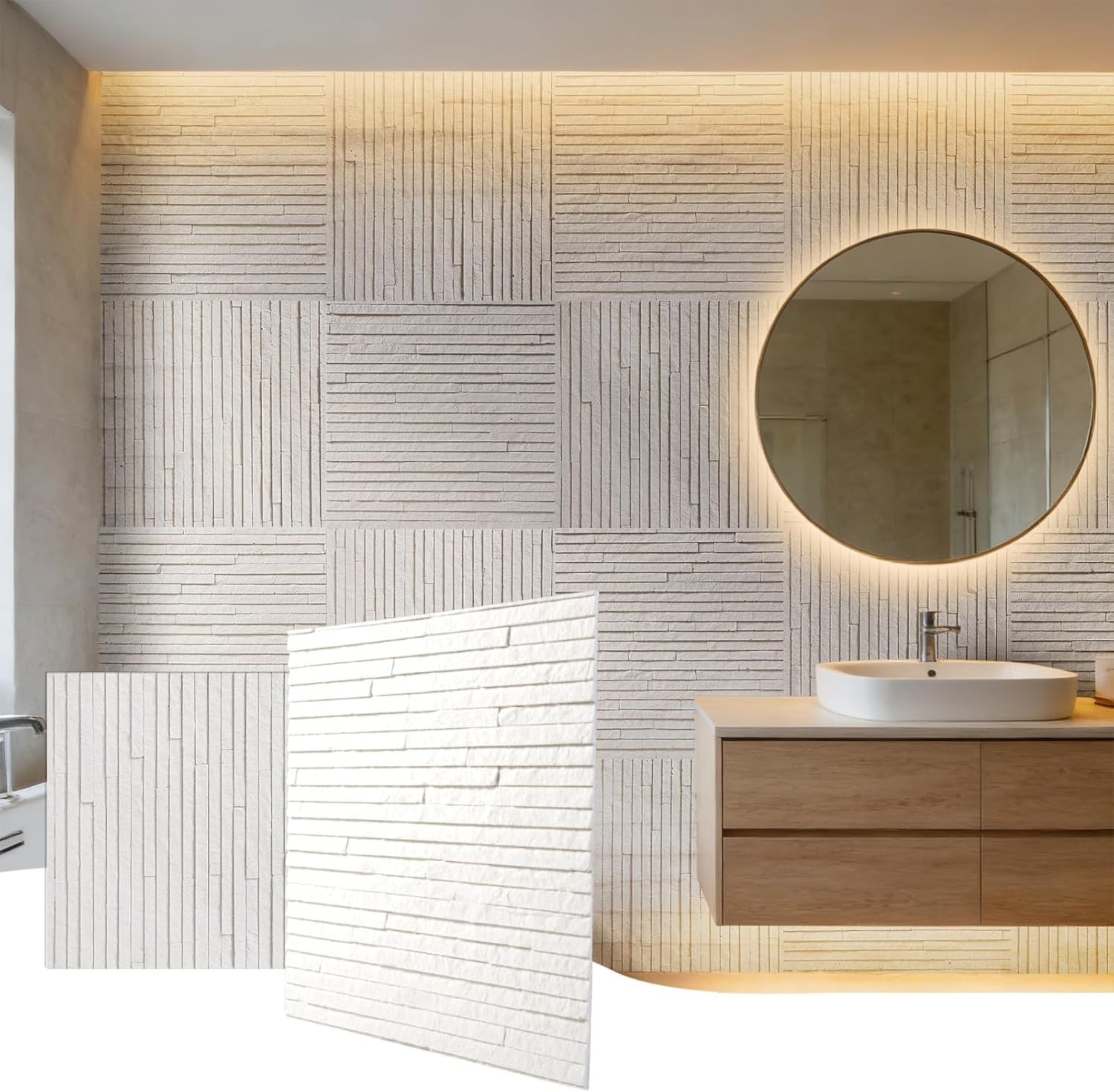 2 Pcs 3D White Faux Stone Wall Panels 11.8’‘ x 11.8’’ x 0.2”, Inorganic Clay