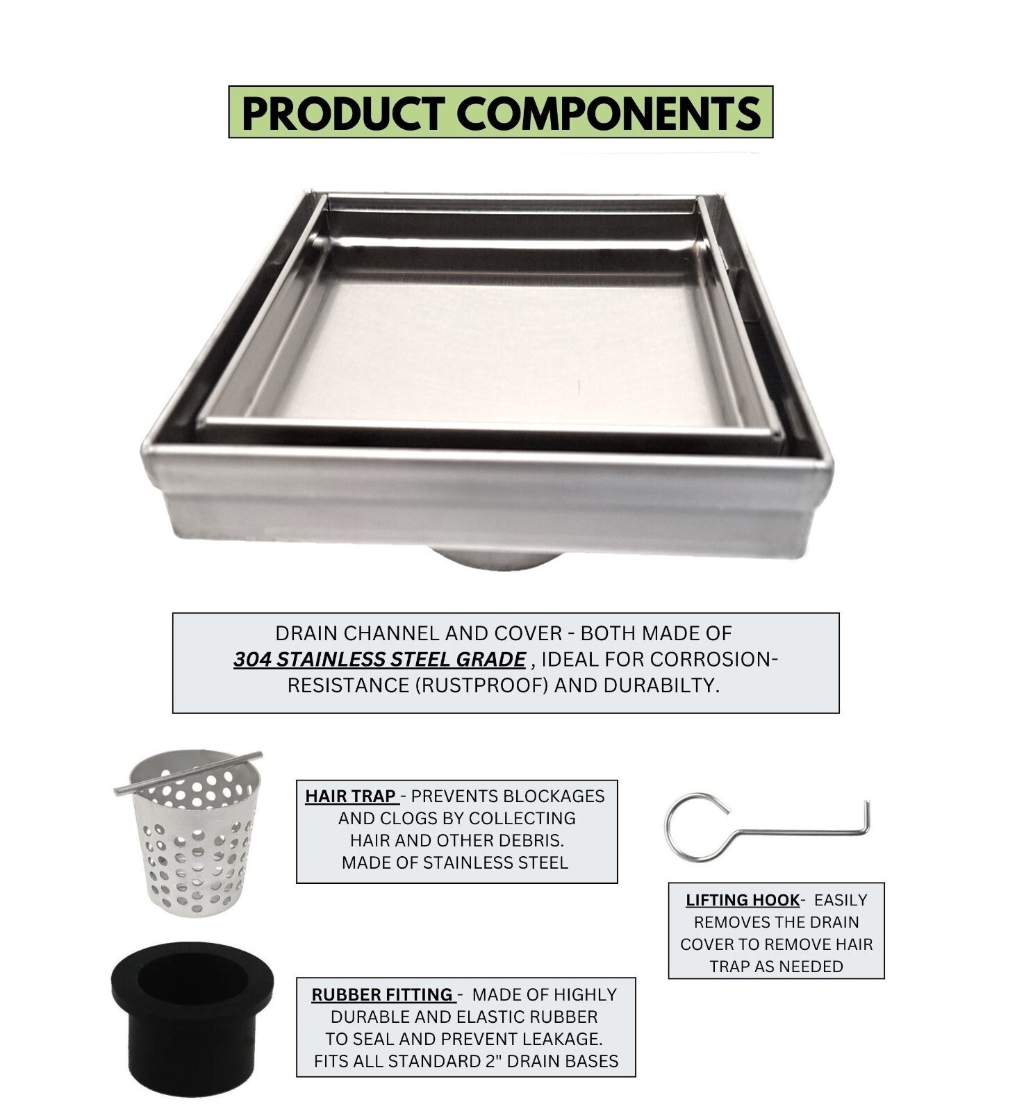 Tile Insert Square Shower Drain 5″ 316 Stainless Steel for 2″/3″ Pipe