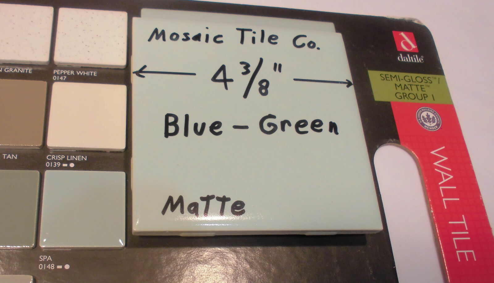 1 pc. Vintage *Blue-Green* Matte Ceramic Tile 4-3/8″…by The Mosaic Co. (NOS)