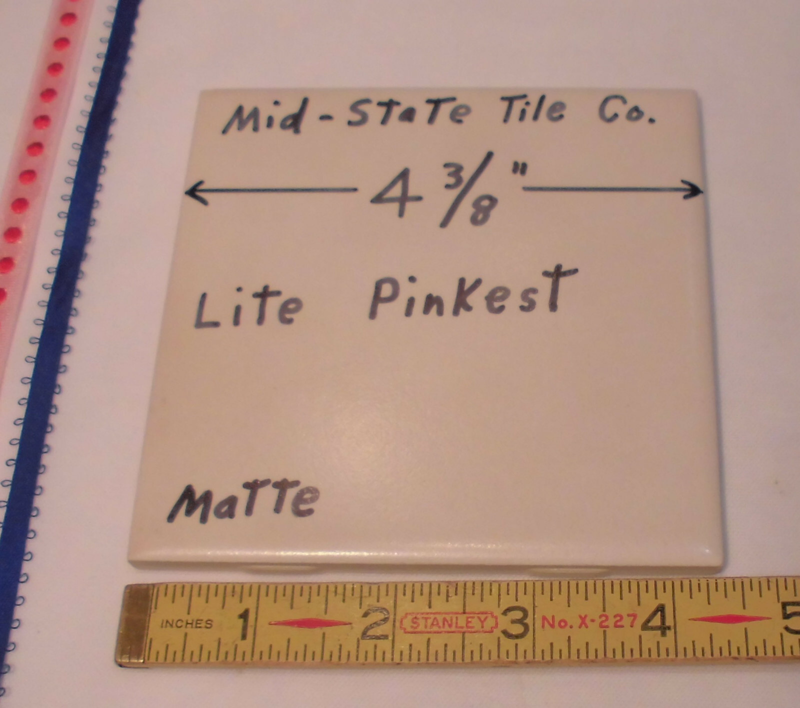 1 pc. Matte *Pinkest-Off white* Ceramic Tile 4-3/8″ by Mid-State; light textured