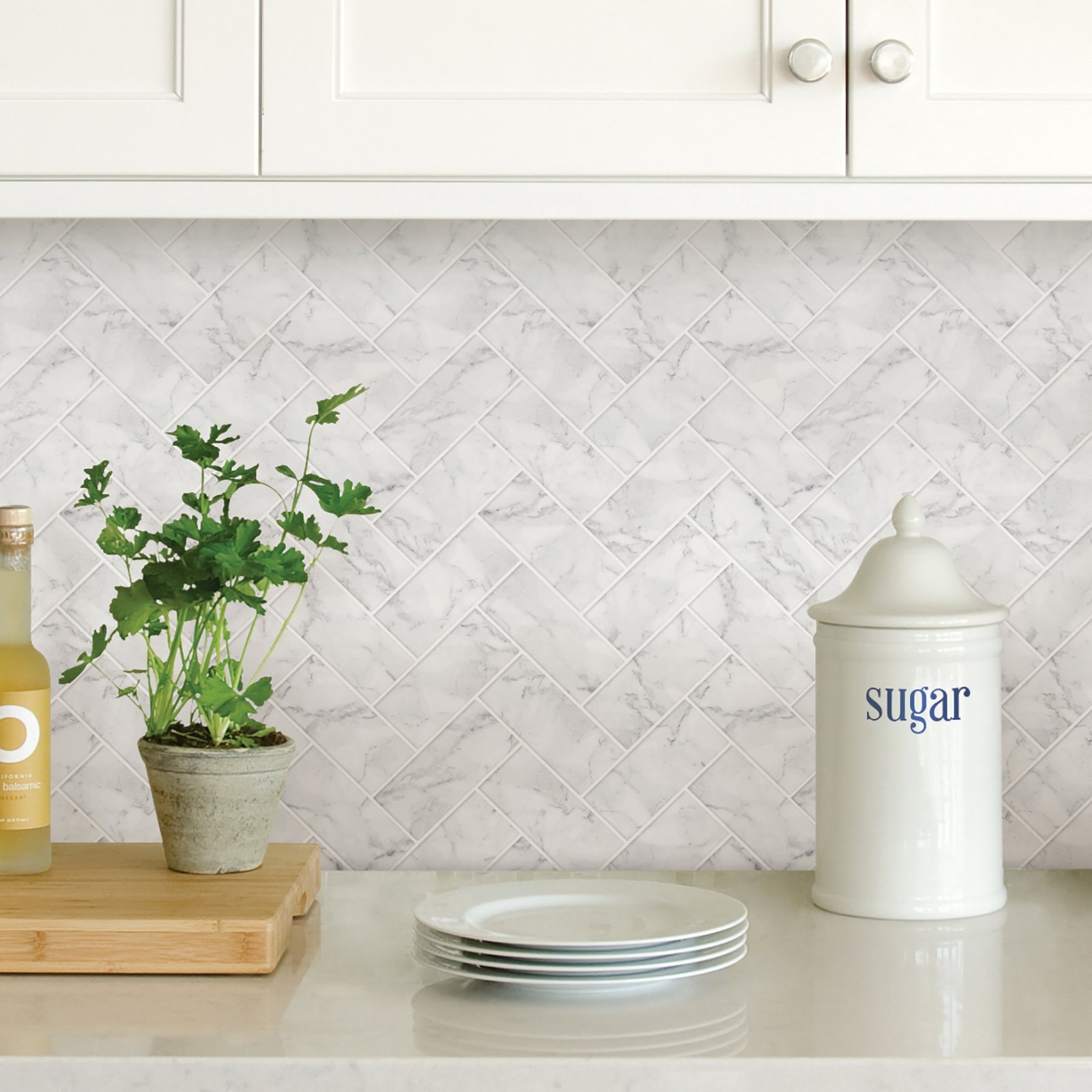 Herringbone Carrara Peel and Stick Backsplash Tiles White & OffWhite