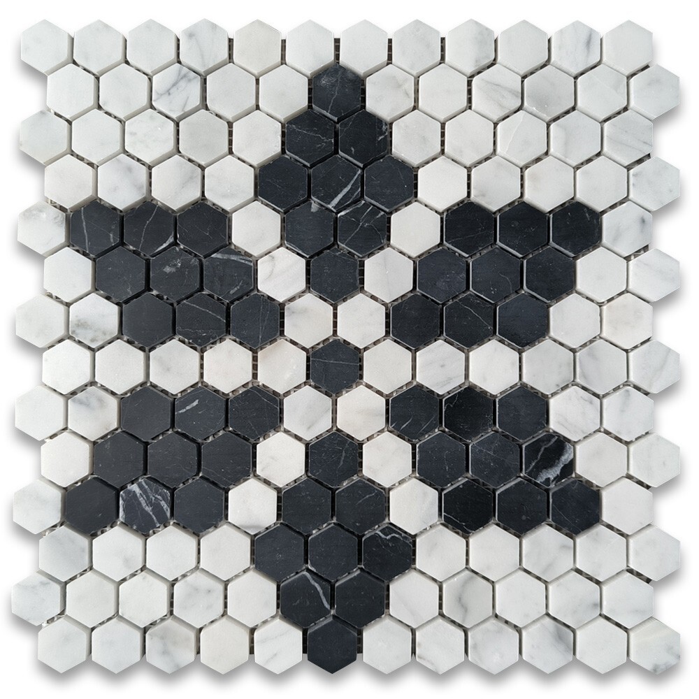 C31FAXH Carrara White Marble Hexagon Ice Crystal Mosaic Tile Marquina Black